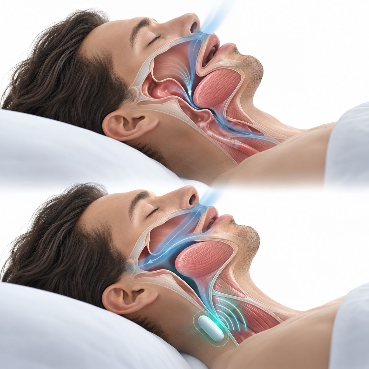 Vía respiratoria sin y con estimulación suave bajo la barbilla